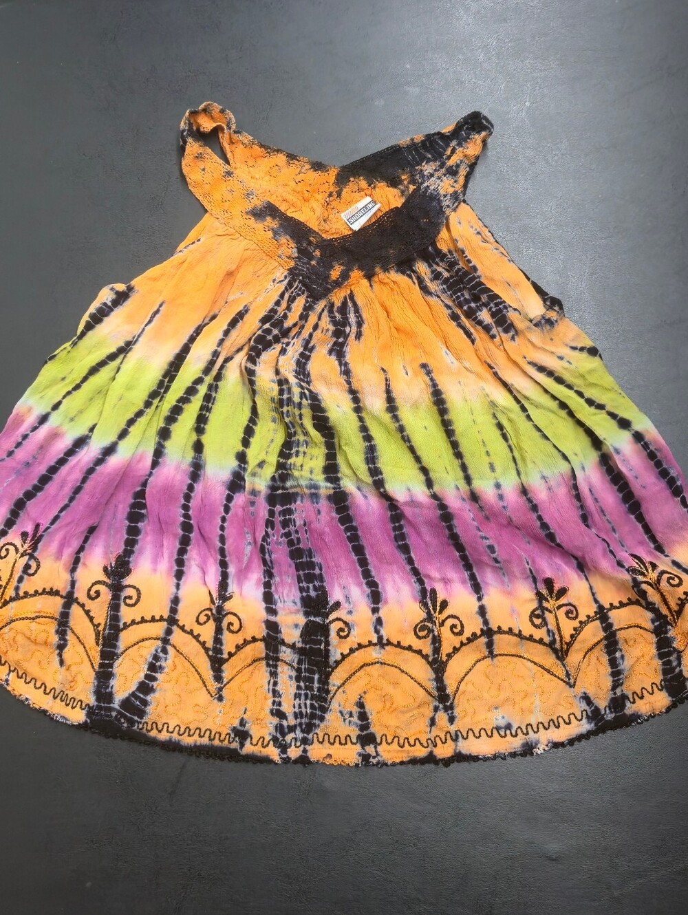 Shoreline Multicolor Tie-Dye Smocked Tank — Orange, Green & Pink with Black Trim